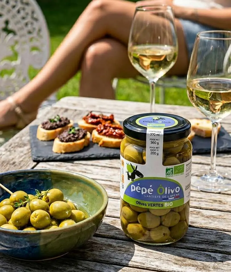Bocal Pépé Olivo olives vertes BIO servi à l’apéritif en terrasse