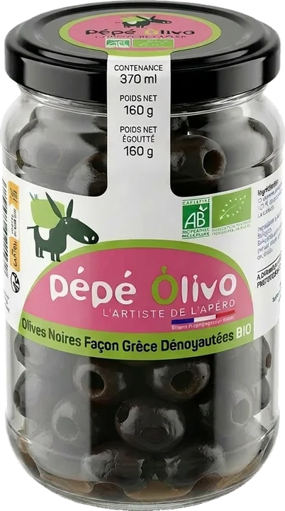 Bocal Pépé Olivo olives noires façon Grèce dénoyautées BIO