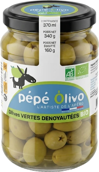 Bocal Pépé Olivo olives vertes dénoyautées BIO