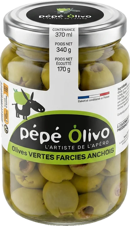 Bocal Pépé Olivo olives vertes farcies anchois