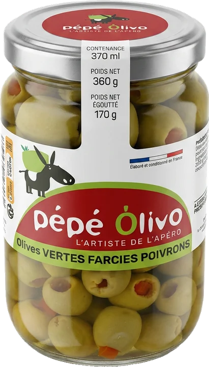 Bocal Pépé Olivo olives vertes farcies poivrons
