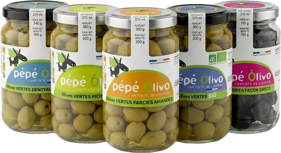 Cinq bocaux Pépé Olivo : olives vertes dénoyautées, Picholine, farcies amandes, vertes BIO et noires façon Grèce