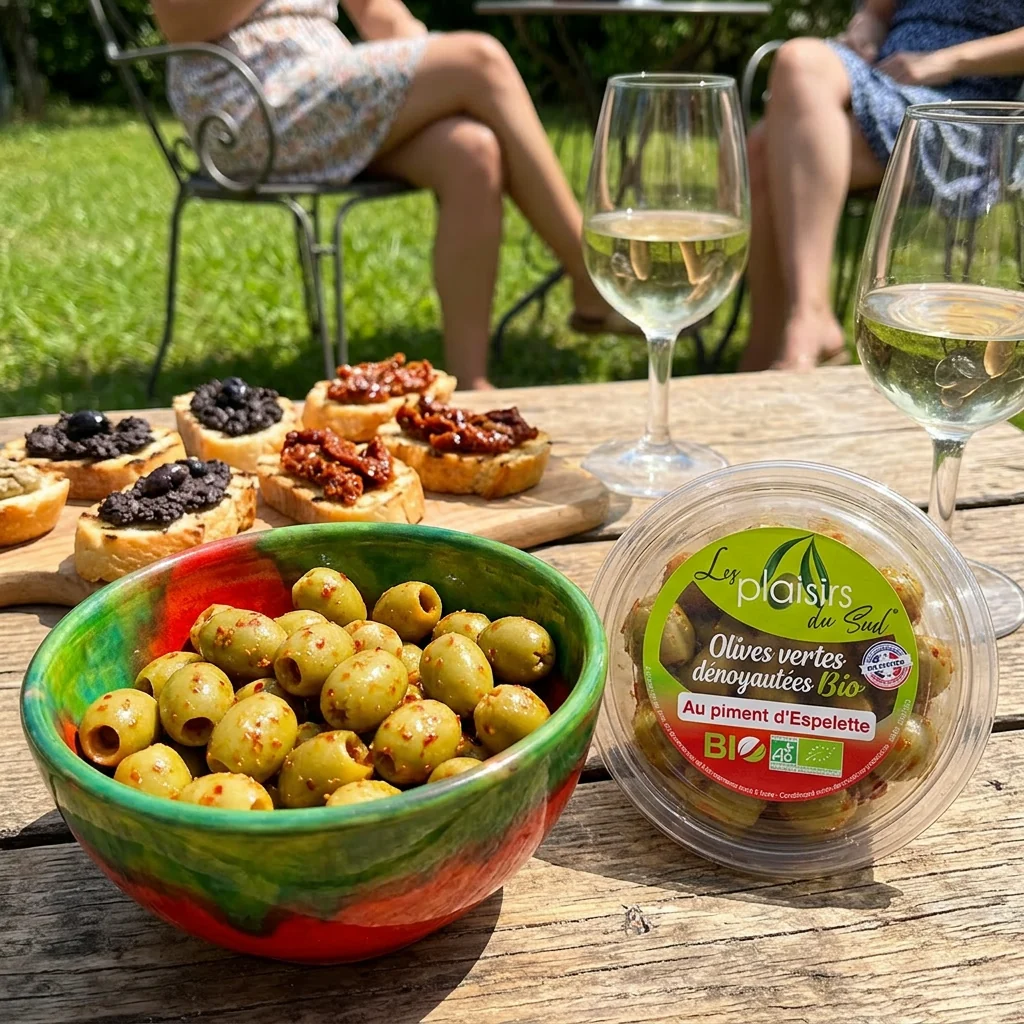 Olives vertes dénoyautées au piment d’Espelette dans un bol et barquette BIO Les Plaisirs du Sud sur une table en terrasse