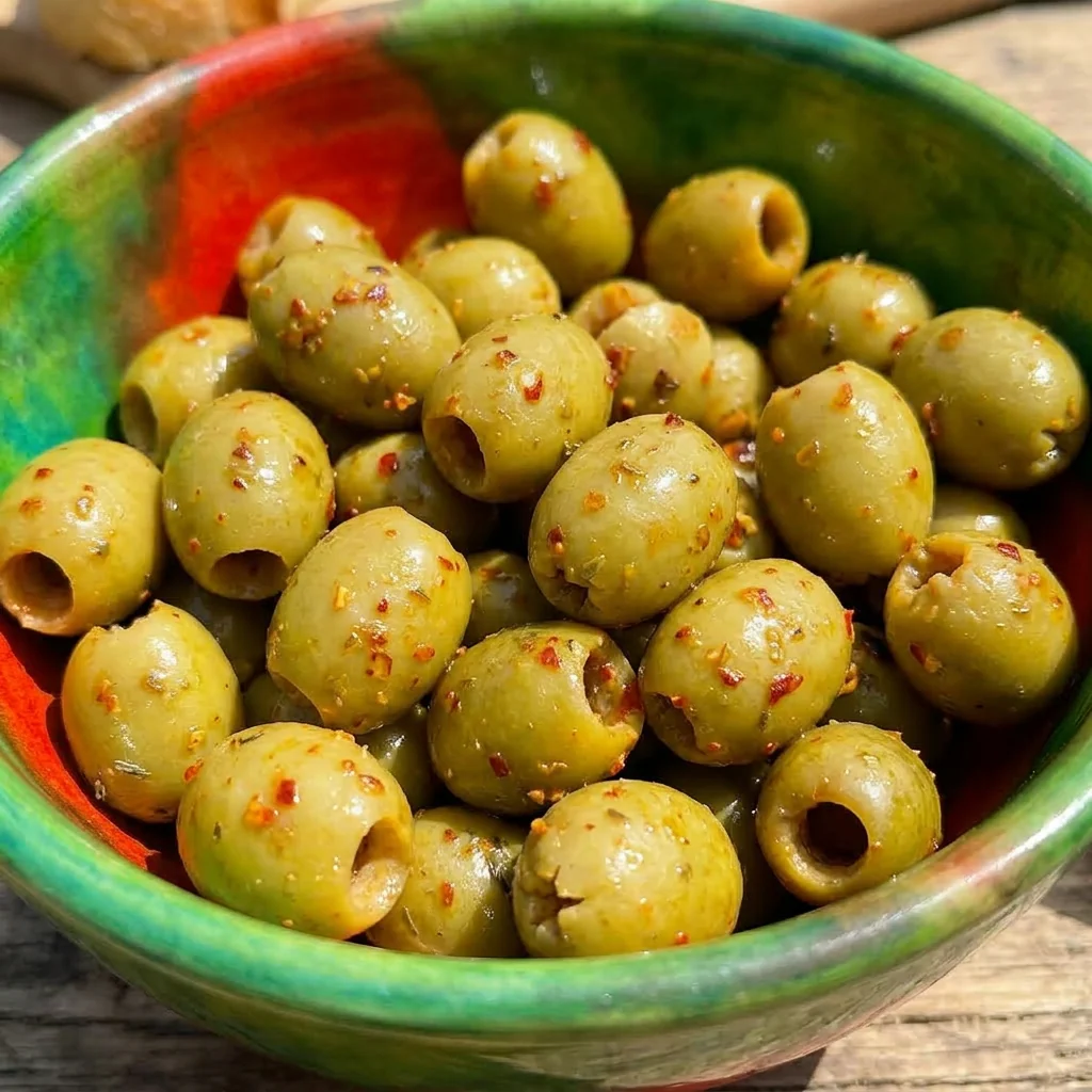 Olives vertes dénoyautées au piment d’Espelette dans un bol