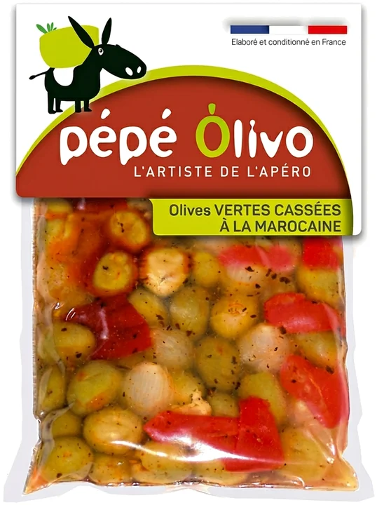 Sachet Pépé Olivo olives vertes cassées à la Marocaine