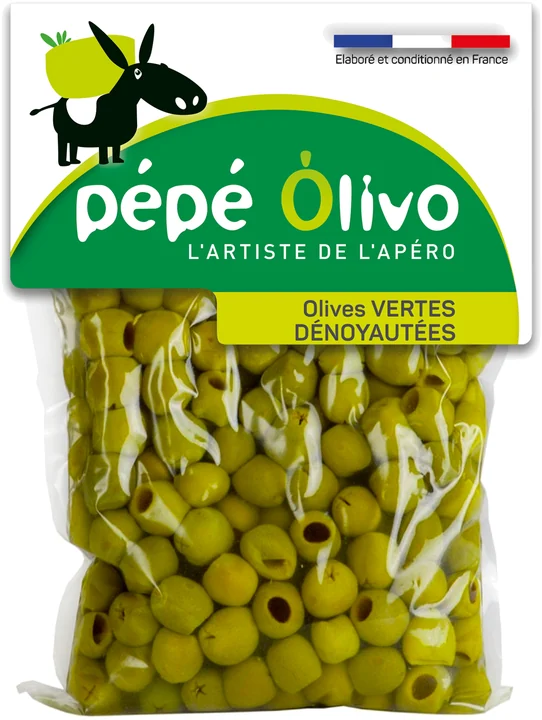 Sachet Pépé Olivo olives vertes dénoyautées