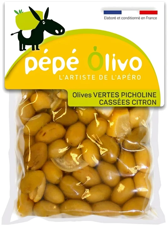 Sachet Pépé Olivo olives vertes Picholine cassées citron